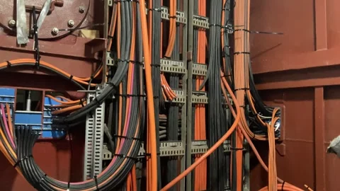 Industrial cable installation work on steel bulkhead inside vessel engine roo Stock Footage 337746461