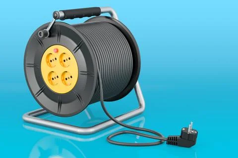 Industrial cable reel, 4 sockets, ergonomic handle on blue background, 3D r.. Illustration