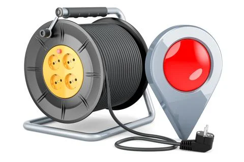 Industrial cable reel with map pointer, 3D rendering Stock Illustration