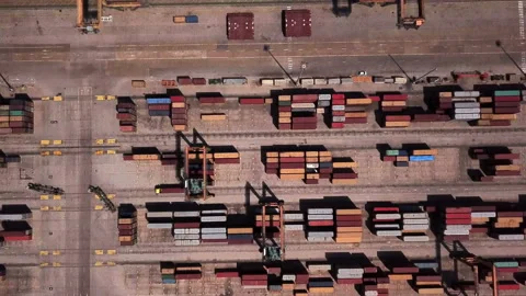 Industrial Cargo area with container ship in dock at port, Aerial view Stock Footage 95624654