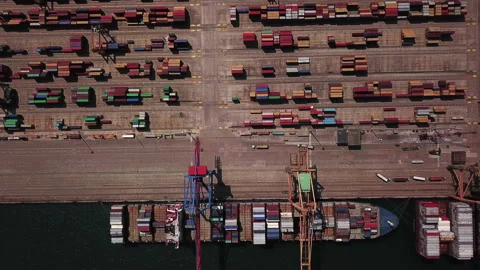 Industrial Cargo area with container ship in dock at port, Aerial view 스톡 동영상 95631760