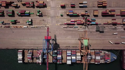 Industrial Cargo area with container ship in dock at port, Aerial view Stock-Footage 95633368