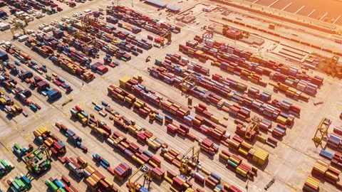 Industrial Cargo area with container ship in dock at port, Aerial view Vídeos de archivo 99753066