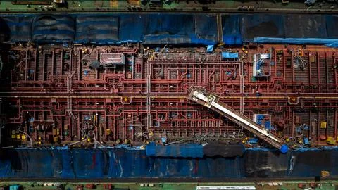Industrial Cargo Ship Deck With Complex Pipeline Network In Si Racha Chon B.. 库存照片