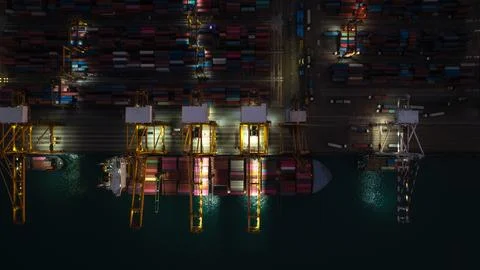 Industrial Cargo Ship Loading At Night In Laem Chabang Port High Angle Shot 스톡 사진