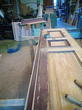 Industrial Carpentry Workshop Interior With Woodworking Machines And Timber Stock Photos