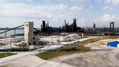 Industrial Cement Piles And Processing Facility Near Steel Mill Stock Footage 346650580