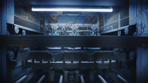 Industrial cheese production line processing cheese in modern dairy factory Stock Photos