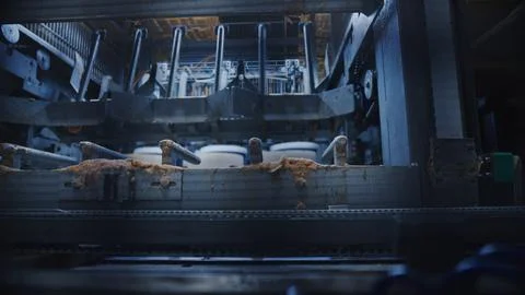 Industrial cheesemaking machine processing cheese wheels in a modern dairy Stock Photos