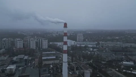 Industrial Chimney Drone Orbit Above City Stock Footage 341767328