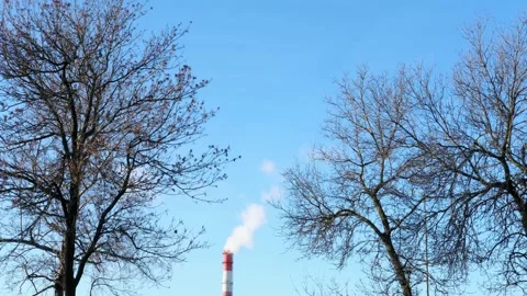 Industrial chimney or smoke stack emitting thick white smoke into blue sky Stock-Footage 302722772