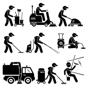 Industrial Cleaning Worker with Tools and Equipment Stick Figure Pictogram Icons Stock Illustration