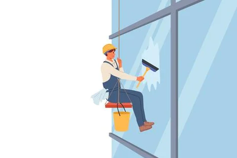 Industrial climber washes windows of skyscraper using brush, hanging at high Stock Illustration