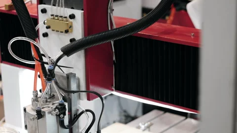 Industrial CNC machine pneumatic system close up in factory. Vídeo Stock 347793086
