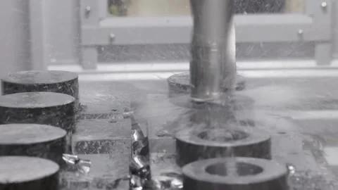 Industrial CNC milling machine drilling metal parts with coolant spray in m.. Stock Footage 337334963