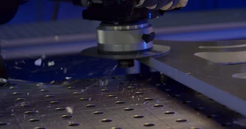 Industrial CNC milling machine head cutting metal plate with flying shavings Video stock 329475715