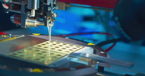An industrial cnc robot works with a computer board microchip.Close-up. Stock Footage 152655832