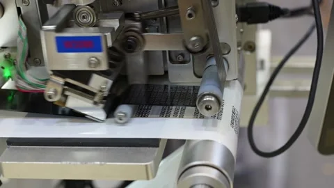 Industrial coding machine undergoing a commissioning test to print dates Stock Footage 336734670
