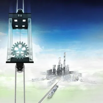 Industrial cogwheel in sky space elevator concept above city illustration Stock Illustration