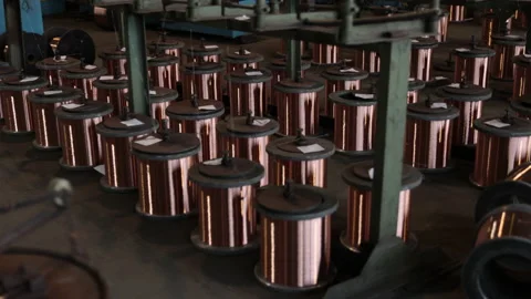 Industrial coils, Manufacturing process, Copper spools Stock Footage 238782546