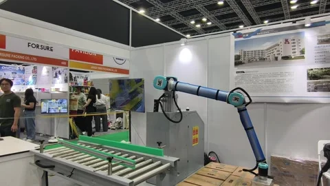 An industrial collaborative robot (cobot) palletizer arm 스톡 동영상 340046268