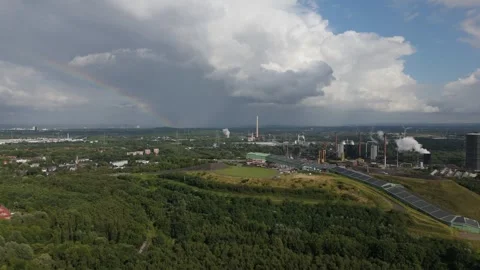 Industrial Complex and Cooling Tower with rainbow Aerial in the Ruhr Germany 動画素材 336452010