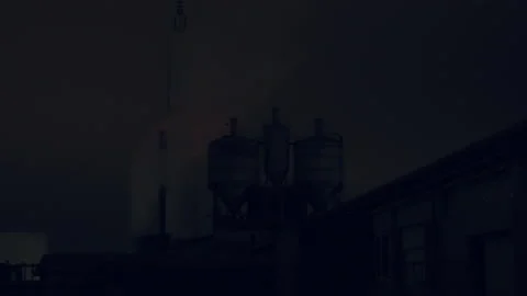 Industrial complex with chimney at night with smoke, pollution.  Stock Footage 143228809