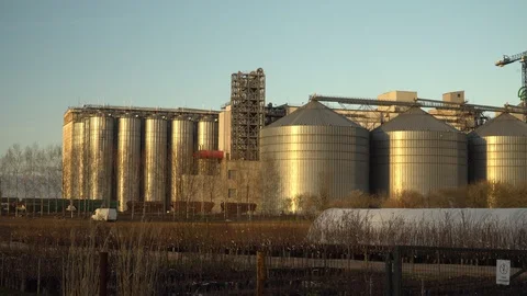 The industrial complex of the grain processing company in a close-up. Stock Footage 128324545