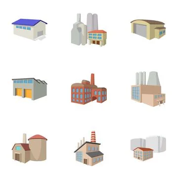 Industrial complex icons set, cartoon style Stock Illustration