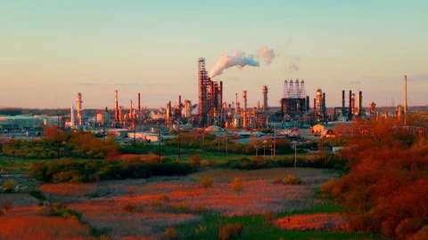 Industrial Complex Oil Refinary with Emissions Under Evening Sky Stockbeeldmateriaal 336815049