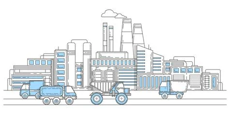 Industrial complex with pipes. Construction vehicles, trucks and machines. Stock Illustration