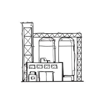 Industrial Complex with Steel Structures Silos and Tanks Hand Drawn Vector Illustrazione stock
