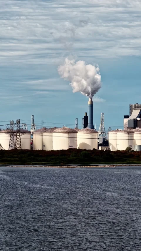 Industrial complex with storage tanks and a smokestack emitting a thick plume Video stock 346585389