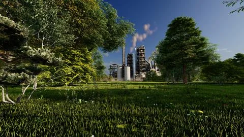 An industrial complex in the surrounding landscape. Stock Illustration