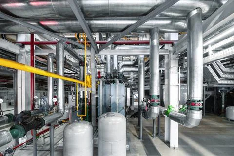 Industrial complex system of pipelines, valves, sensors Stock Photos