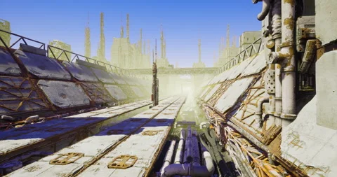 Industrial complex under clear blue sky with futuristic elements Stock Footage 306206168