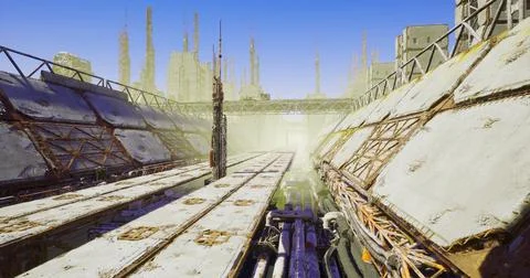 Industrial complex under clear blue sky with futuristic elements Stock Illustration
