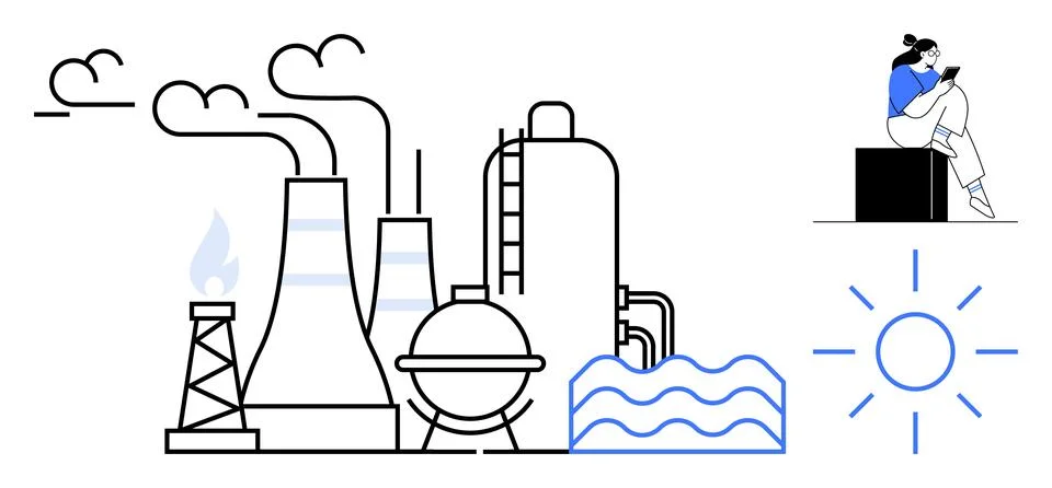 Industrial Complex with Worker Overseeing Operations and Environmental Elemen イラスト素材