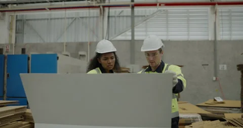 Industrial concept of 4k Resolution. Workers operate a cardboard cutter in .. Video stock 314910384