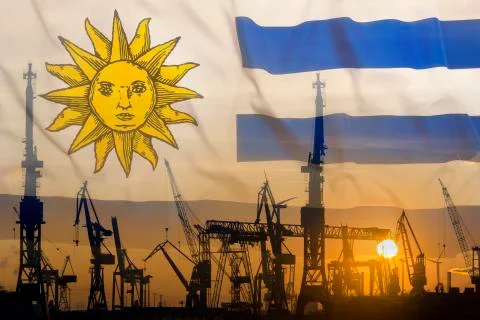Industrial concept with Uruguay flag at sunset Stock Photos