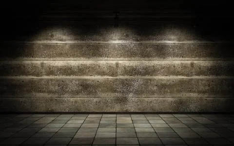 Industrial concrete wall studio background with spot lights and tile floor 3d Stock Illustration