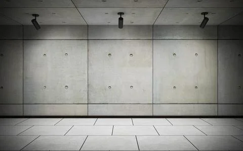Industrial concrete wall studio background with spot lights and tile floor 3d Stock Illustration