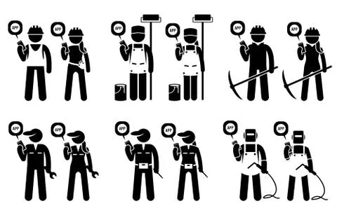 Industrial, construction, builders, and mining workers using mobile app for t Illustrazione stock