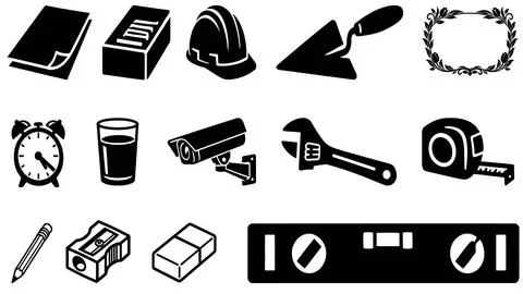 Industrial construction tools and office stationery icons set Stock Illustration