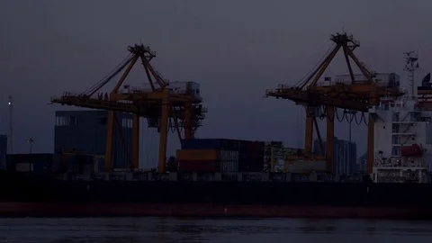 Industrial Container Cargo freight ship with working crane bridge in shipyard Stock Footage 73572242