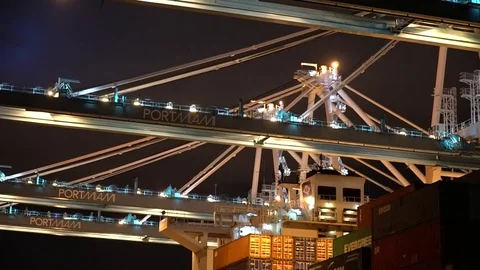 Industrial Container Cargo freight ship with working crane bridge in shipyard Stock Footage 75583241