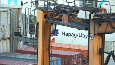 Industrial container port. Loader close up shot Stock Footage 76376251