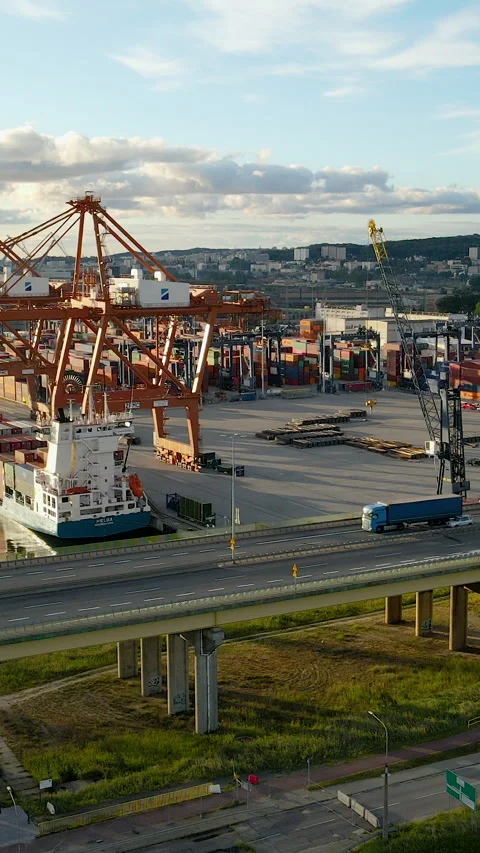 Industrial Container Port Terminal With Cargo Cranes And Highway Bridge Stock Footage 339753587