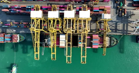 Industrial Container Ship Loading At Commercial Port Facility With Cranes O.. Stock Footage 340130692