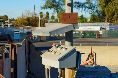 Industrial Control Box with Emergency Stop Button in Perris California Stock Photos